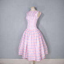 Load image into Gallery viewer, 50s DROPWAISTED PASTEL PINK AND PURPLE CANDY STRIPE COTTON DRESS - XS