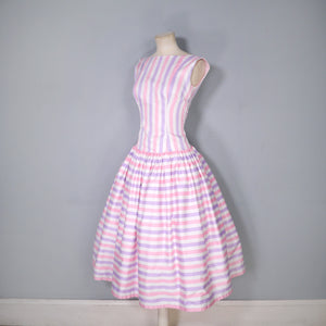 50s DROPWAISTED PASTEL PINK AND PURPLE CANDY STRIPE COTTON DRESS - XS