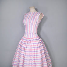 Load image into Gallery viewer, 50s DROPWAISTED PASTEL PINK AND PURPLE CANDY STRIPE COTTON DRESS - XS