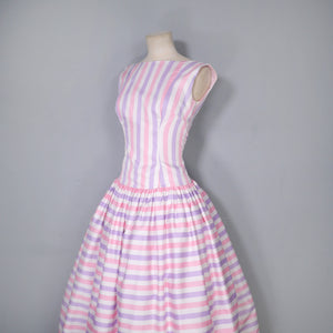 50s DROPWAISTED PASTEL PINK AND PURPLE CANDY STRIPE COTTON DRESS - XS