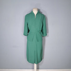 40s GREEN DRESS WITH PEPLUM AND WAIST BUCKLE AND STRAP DESIGN - M-L