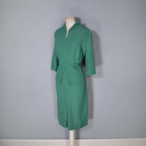 40s GREEN DRESS WITH PEPLUM AND WAIST BUCKLE AND STRAP DESIGN - M-L