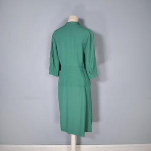 40s GREEN DRESS WITH PEPLUM AND WAIST BUCKLE AND STRAP DESIGN - M-L