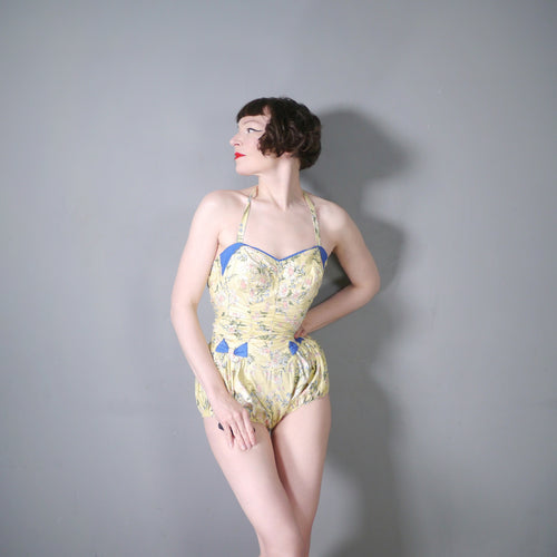 50s AQUAPOISE YELLOW FLORAL SHIRRED COTTON SWIMSUIT - M