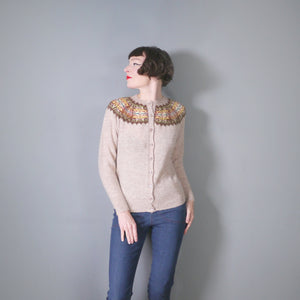 70s HANDKNIT SHETLAND WOOL BROWN FAIRISLE CARDIGAN - M