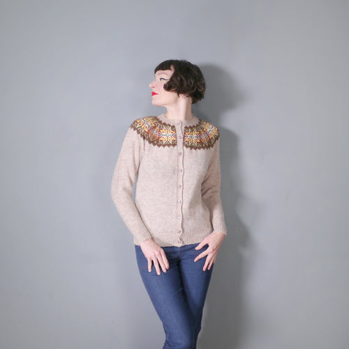 70s HANDKNIT SHETLAND WOOL BROWN FAIRISLE CARDIGAN - M