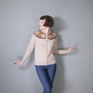 70s HANDKNIT SHETLAND WOOL BROWN FAIRISLE CARDIGAN - M