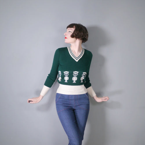 70s DARK GREEN NOVELTY LITTLE MEN FITTED JUMPER - M