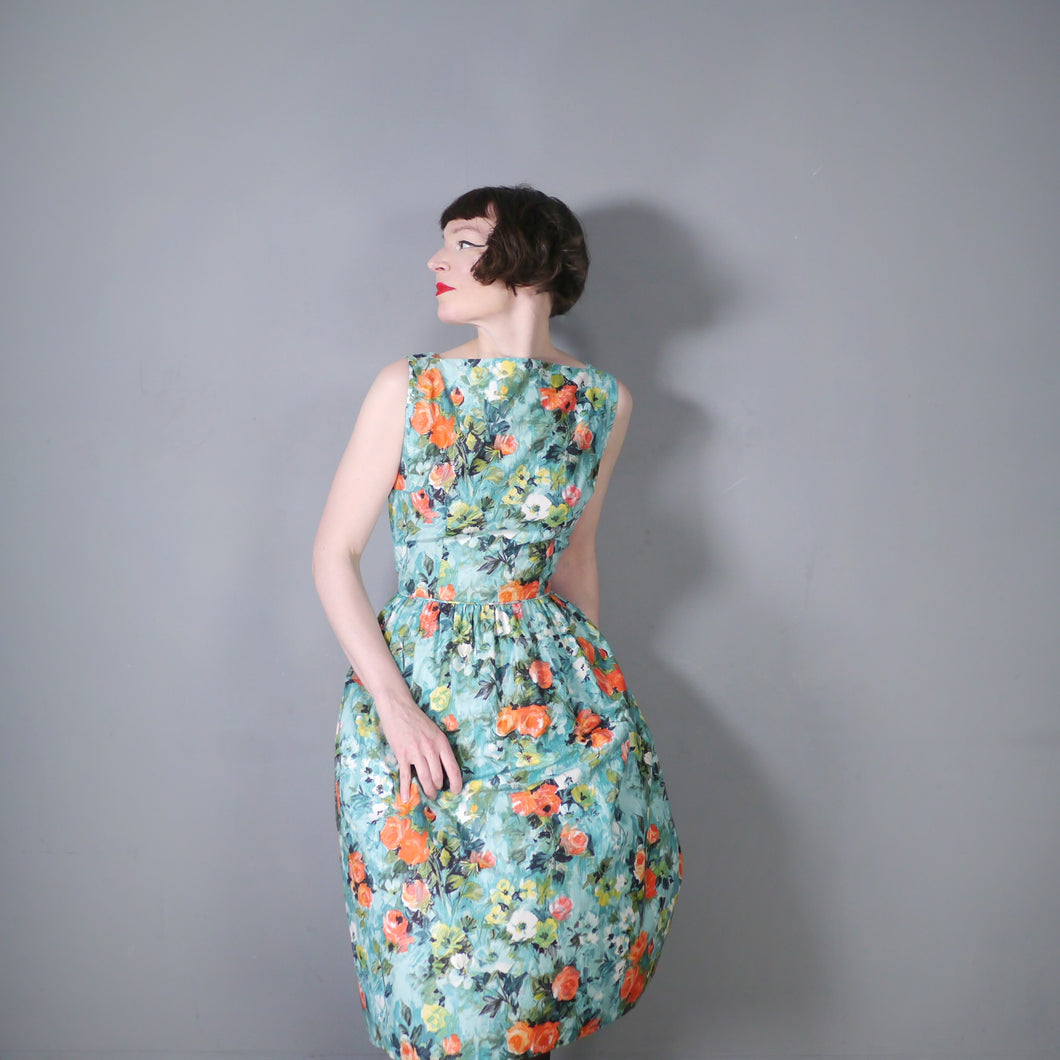 50s 60s ROMANTIC FLORAL GREEN ORANGE HANDMADE COTTON DRESS - S