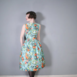 50s 60s ROMANTIC FLORAL GREEN ORANGE HANDMADE COTTON DRESS - S