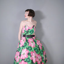 Load image into Gallery viewer, 80s BOLD HUGE GREEN AND PINK FLORAL STRAPLESS FULL SKIRTED DRESS - M