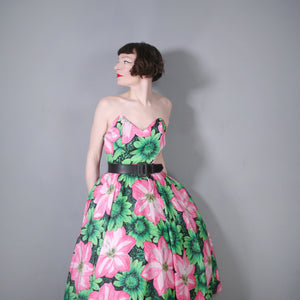 80s BOLD HUGE GREEN AND PINK FLORAL STRAPLESS FULL SKIRTED DRESS - M