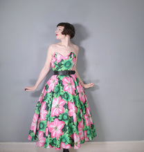 Load image into Gallery viewer, 80s BOLD HUGE GREEN AND PINK FLORAL STRAPLESS FULL SKIRTED DRESS - M