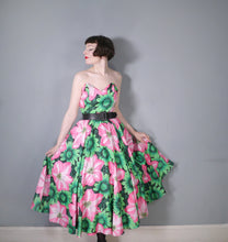 Load image into Gallery viewer, 80s BOLD HUGE GREEN AND PINK FLORAL STRAPLESS FULL SKIRTED DRESS - M