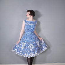 Load image into Gallery viewer, 50s BLUE WHITE SOUTACHE AND CUT OUT LACE FIT AND FLARE DRESS - M