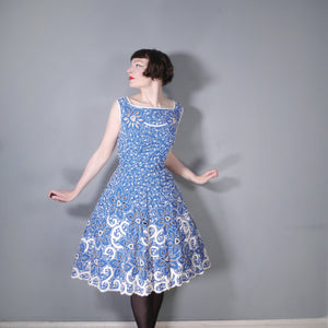 50s BLUE WHITE SOUTACHE AND CUT OUT LACE FIT AND FLARE DRESS - M