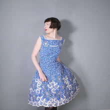 Load image into Gallery viewer, 50s BLUE WHITE SOUTACHE AND CUT OUT LACE FIT AND FLARE DRESS - M