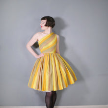 Load image into Gallery viewer, 60s ONE SHOULDER YELLOW STRIPE FULL SKIRTED DRESS - XS