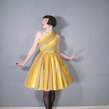 Load image into Gallery viewer, 60s ONE SHOULDER YELLOW STRIPE FULL SKIRTED DRESS - XS