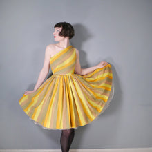 Load image into Gallery viewer, 60s ONE SHOULDER YELLOW STRIPE FULL SKIRTED DRESS - XS