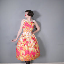 Load image into Gallery viewer, ORANGE AND RED FLORAL 50s 60s FULL SKIRTED SUN DRESS WITH BELT - M