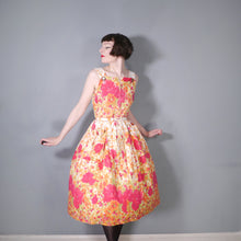 Load image into Gallery viewer, ORANGE AND RED FLORAL 50s 60s FULL SKIRTED SUN DRESS WITH BELT - M