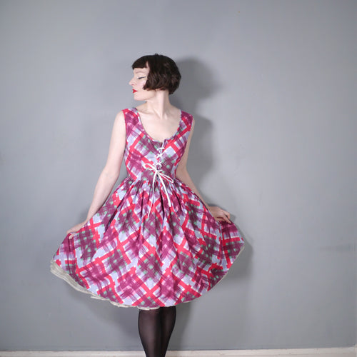 50s 60s COLOURFUL PURPLE AND PINK PLAID COTTON DRESS WITH LACE UP BUST - S