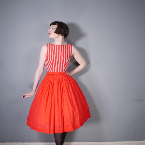 50s CORAL RED FULL SKIRTED DRESS WITH CANDY CANE LACE STRIPES AND BOW - XS