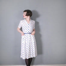 Load image into Gallery viewer, LATE 40s PEGGY PAGE BLUE WHITE POLKA DOT FITTED DAY DRESS - S