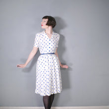 Load image into Gallery viewer, LATE 40s PEGGY PAGE BLUE WHITE POLKA DOT FITTED DAY DRESS - S