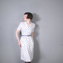 Load image into Gallery viewer, LATE 40s PEGGY PAGE BLUE WHITE POLKA DOT FITTED DAY DRESS - S