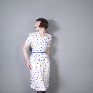 LATE 40s PEGGY PAGE BLUE WHITE POLKA DOT FITTED DAY DRESS - S