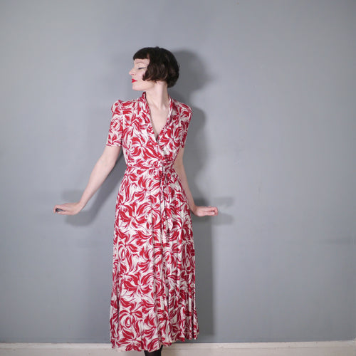 40s LONG CREAM AND BRICK RED PATTERNED WRAP DRESS - XS-S