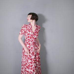 40s LONG CREAM AND BRICK RED PATTERNED WRAP DRESS - XS-S