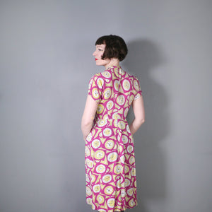 40s DARK PINK NOVELTY CLOCK FACE PRINT DRESS - XS