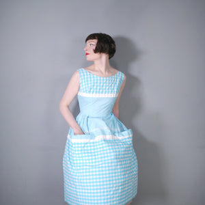 50s 60s TURQUOISE GINGHAM COTTON SUN DRESS WITH BIG POCKETS - S