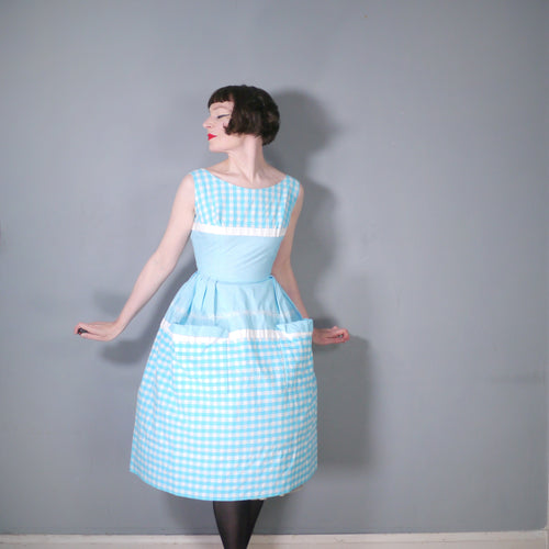 50s 60s TURQUOISE GINGHAM COTTON SUN DRESS WITH BIG POCKETS - S