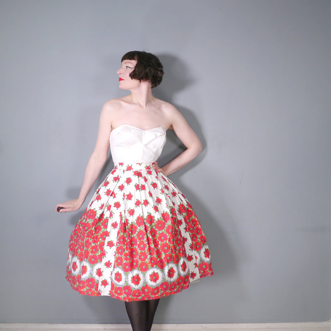 50s VIVID RED FLORAL BORDER PRINT COTTON FULL SKIRT - 25.5