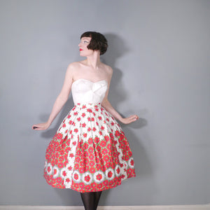 50s VIVID RED FLORAL BORDER PRINT COTTON FULL SKIRT - 25.5"