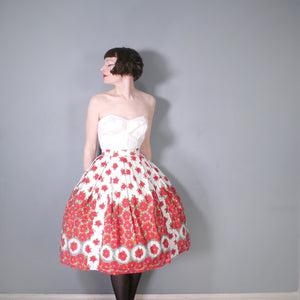 50s VIVID RED FLORAL BORDER PRINT COTTON FULL SKIRT - 25.5"