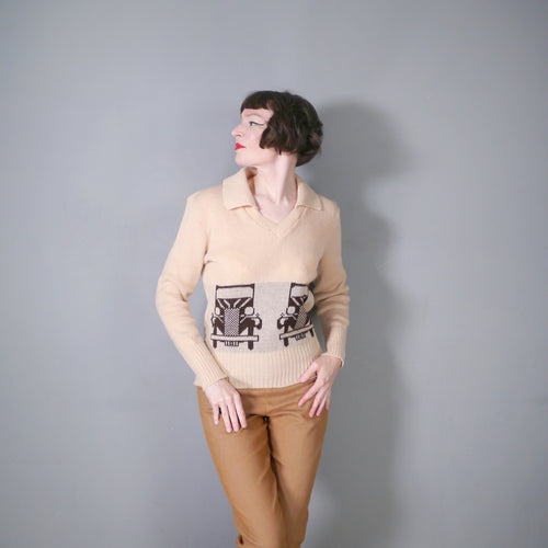 70s BEIGE AUTOMOBILE CAR INTARSIA NOVETLY JUMPER - M-L