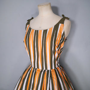 50s 60s ORANGE STRIPE COTTON FULL SKIRTED SUN DRESS - S