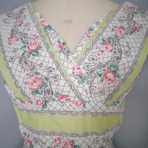 50s PALE GREEN ROSE BAND PRINT COTTON DAY DRESS - XS-S