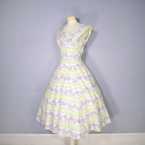 50s PALE GREEN ROSE BAND PRINT COTTON DAY DRESS - XS-S