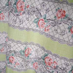 50s PALE GREEN ROSE BAND PRINT COTTON DAY DRESS - XS-S