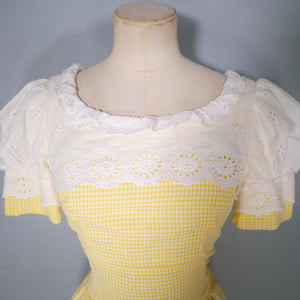 60s 70s QUAD YELLOW GINGHAM DRESS WITH AMAZING PUFF SLEEVES - XS