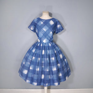 60s HERMAN MARCUS BRIGHT BLUE AND WHITE CHECK DAY DRESS - S-M