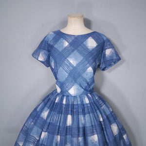 60s HERMAN MARCUS BRIGHT BLUE AND WHITE CHECK DAY DRESS - S-M