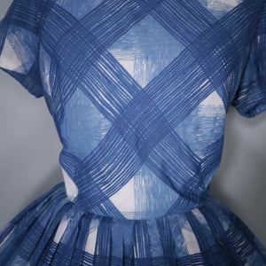 60s HERMAN MARCUS BRIGHT BLUE AND WHITE CHECK DAY DRESS - S-M