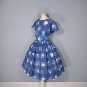 60s HERMAN MARCUS BRIGHT BLUE AND WHITE CHECK DAY DRESS - S-M